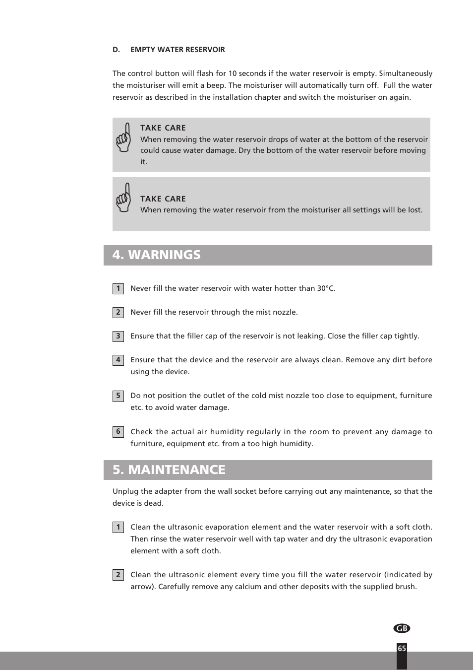 Warnings, Maintenance | Qlima H130 User Manual | Page 65 / 140