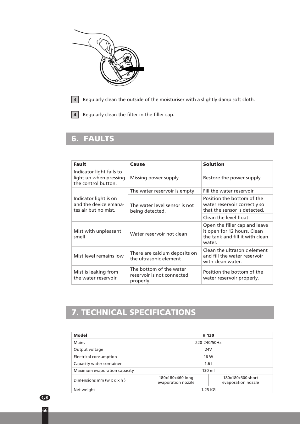 Faults, Technical specifications | Qlima H130 User Manual | Page 66 / 140