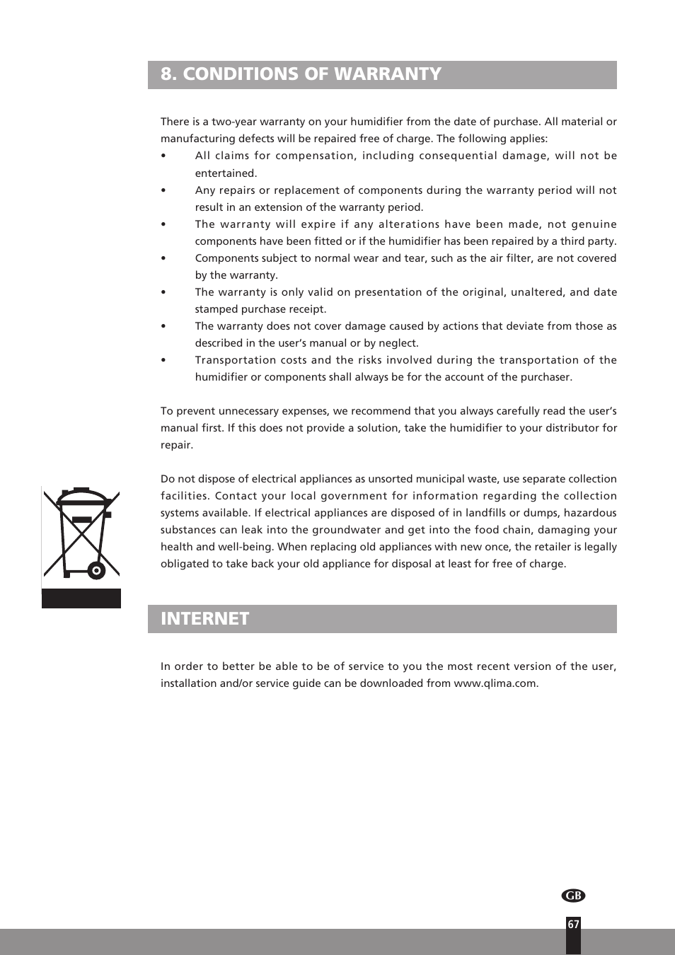 Conditions of warranty, Internet | Qlima H130 User Manual | Page 67 / 140