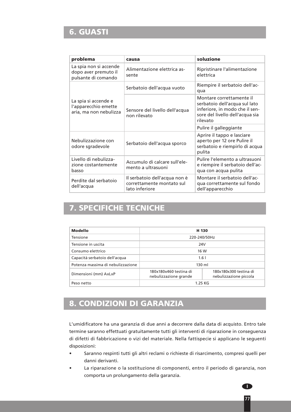 Guasti, Specifiche tecniche, Condizioni di garanzia | Qlima H130 User Manual | Page 77 / 140