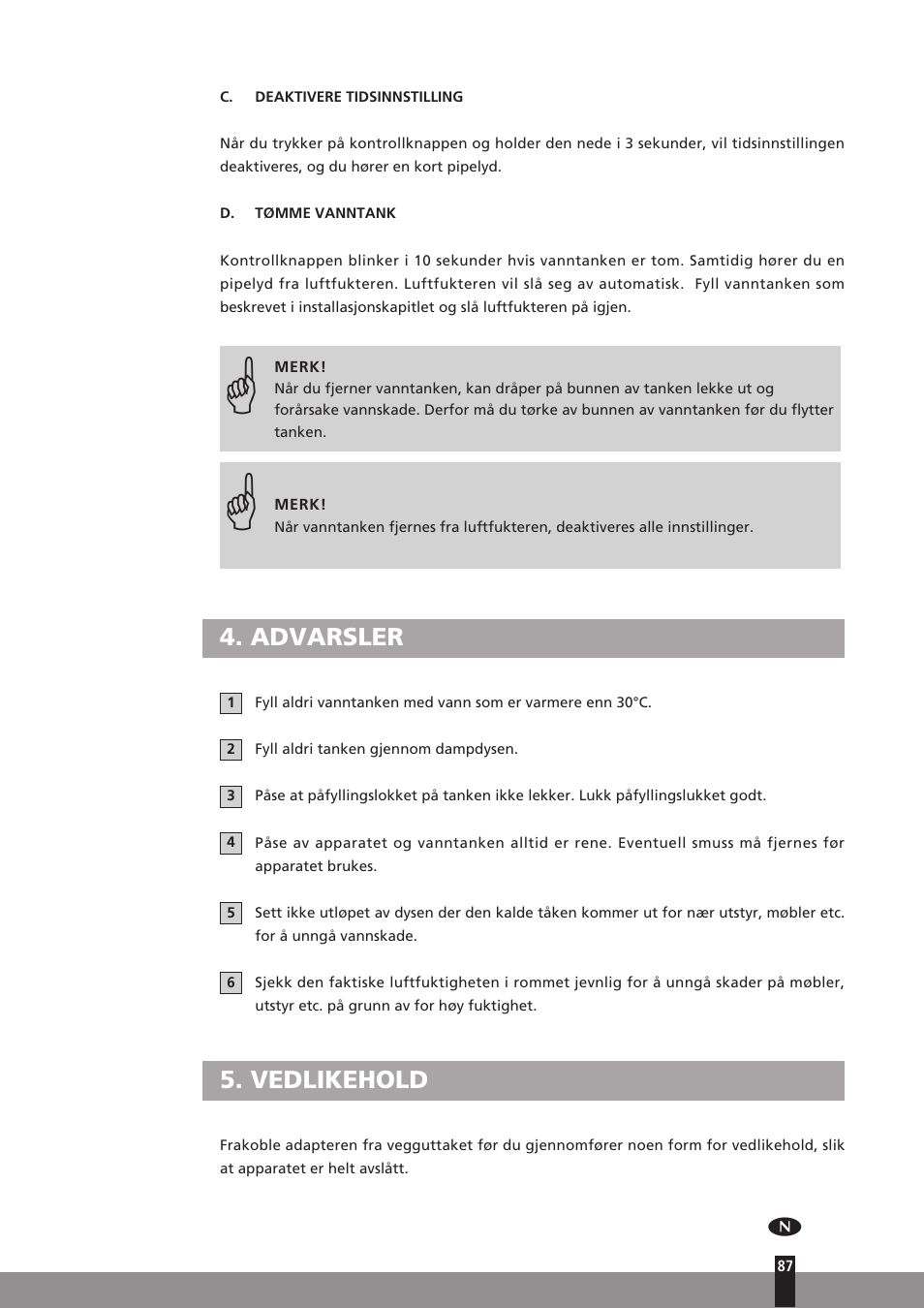 Advarsler, Vedlikehold | Qlima H130 User Manual | Page 87 / 140