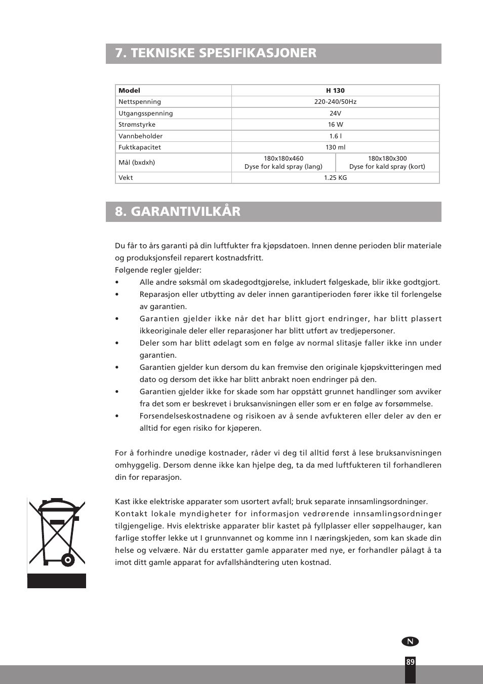 Tekniske spesifikasjoner, Garantivilkår | Qlima H130 User Manual | Page 89 / 140