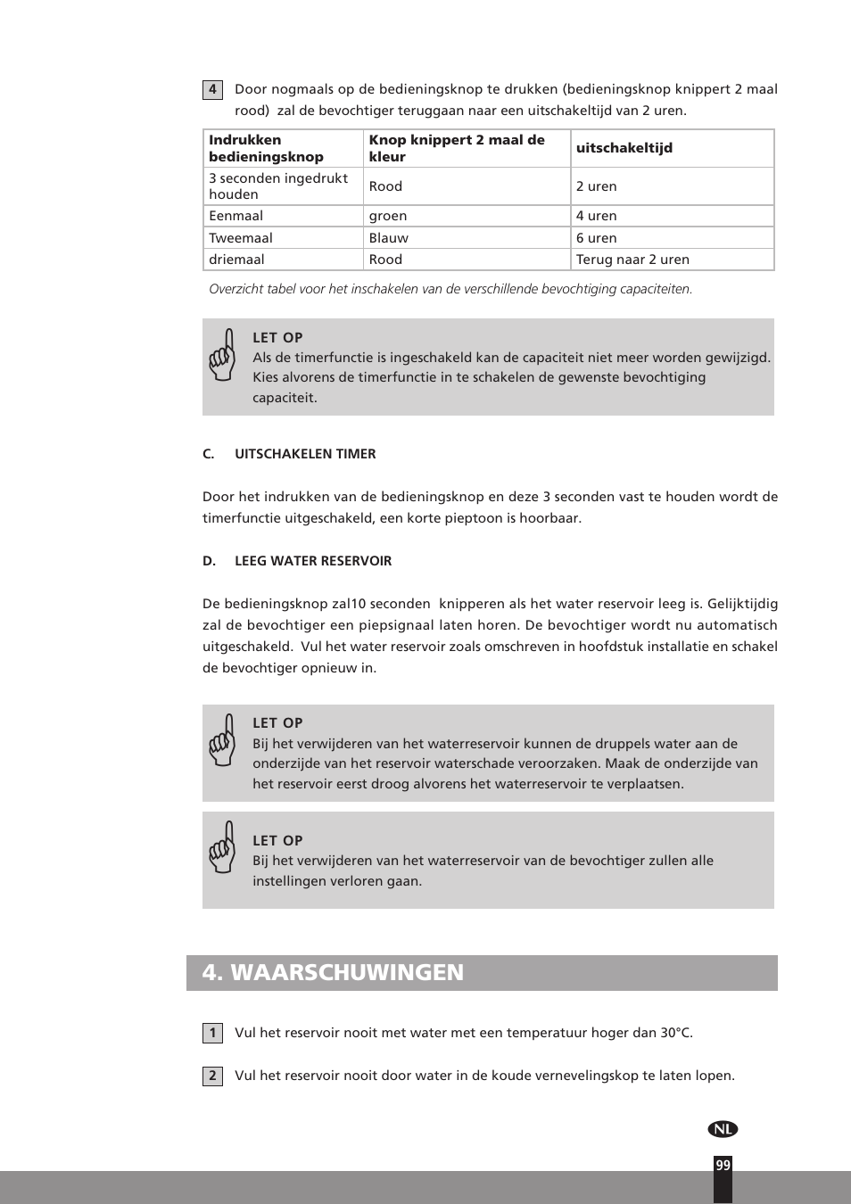 Waarschuwingen | Qlima H130 User Manual | Page 99 / 140