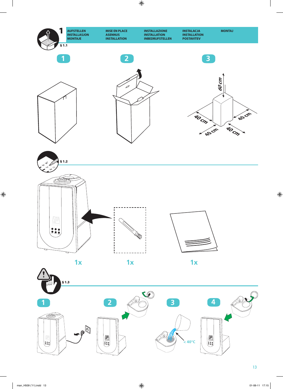 40 cm, 40 cm 60 cm | Qlima H509 User Manual | Page 14 / 48