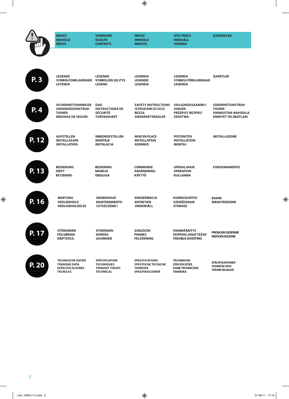 P. 3, P. 4 p. 12, P. 13 | P. 16, P. 17, P. 20 | Qlima H509 User Manual | Page 3 / 48