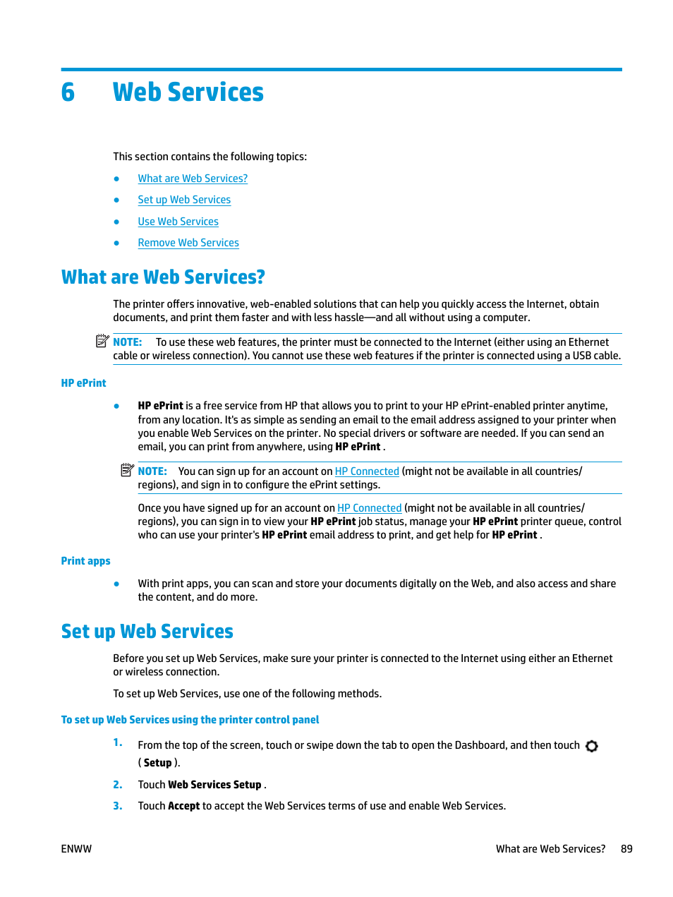 Web services, What are web services, Set up web services | 6 web services, What are web services? set up web services, 6web services | HP OfficeJet Pro 7740 User Manual | Page 102 / 180