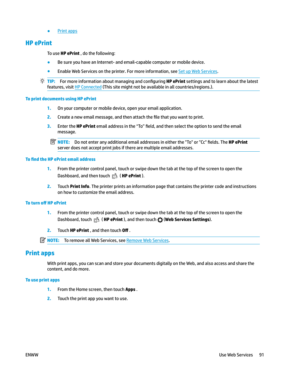 Hp eprint, Print apps, Hp eprint print apps | HP OfficeJet Pro 7740 User Manual | Page 104 / 180