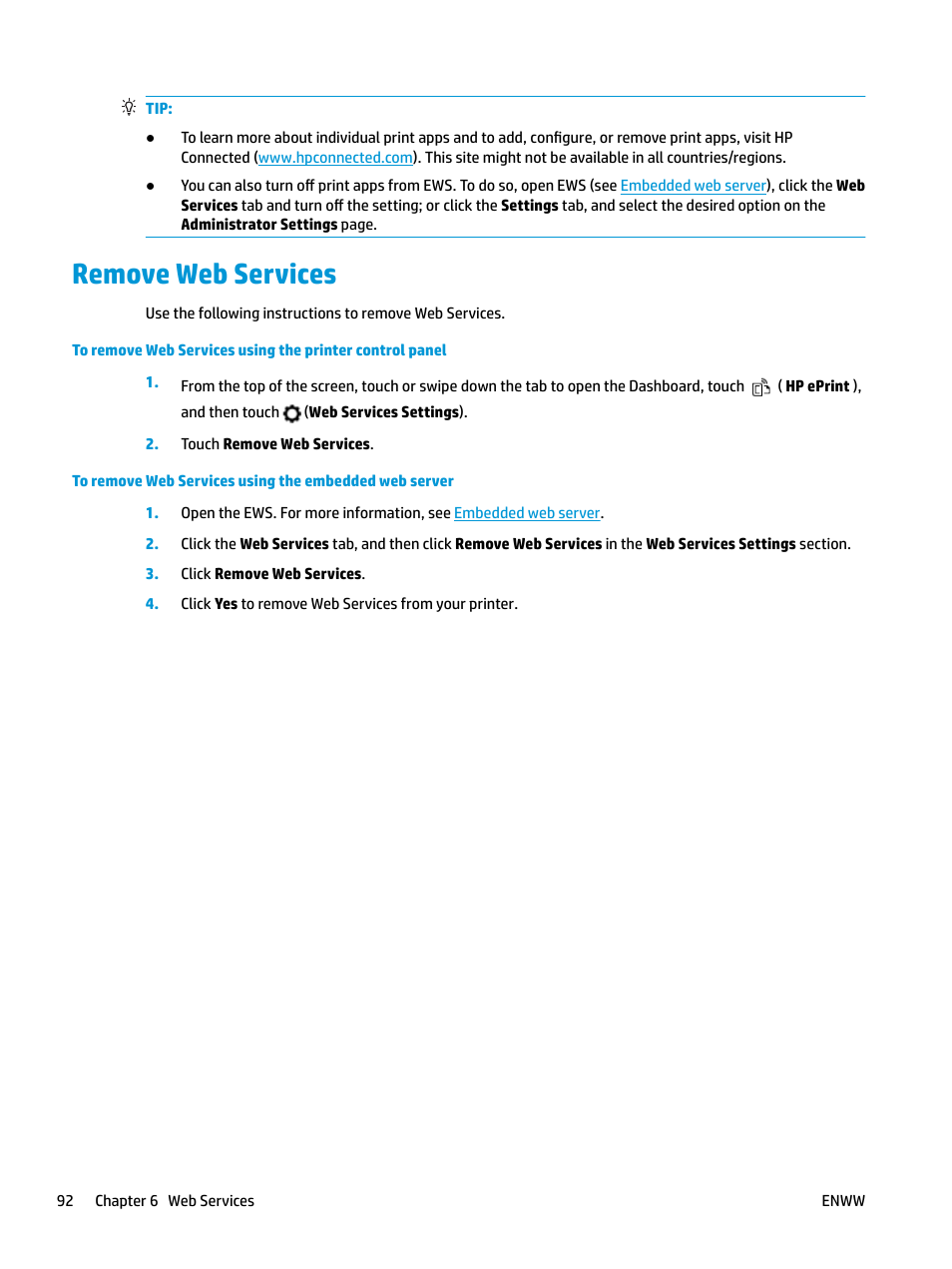 Remove web services, S, see | HP OfficeJet Pro 7740 User Manual | Page 105 / 180