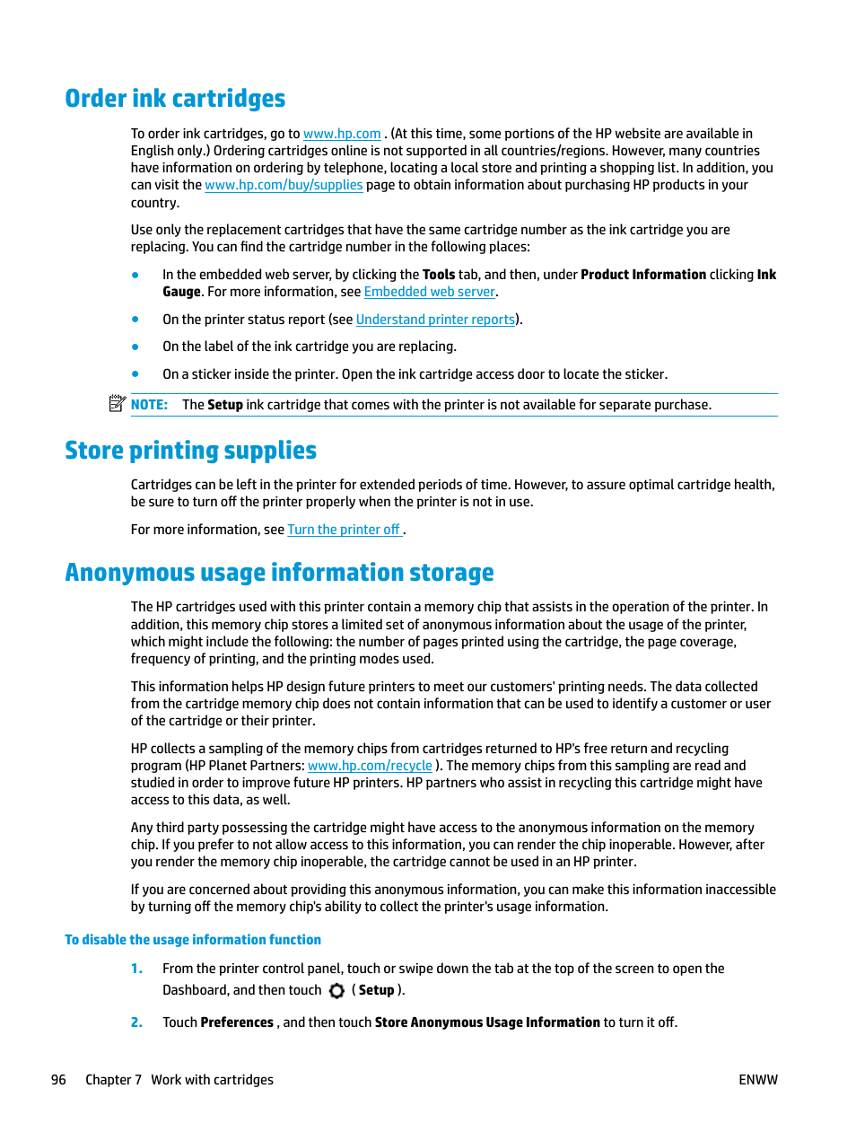 Order ink cartridges, Store printing supplies, Anonymous usage information storage | HP OfficeJet Pro 7740 User Manual | Page 109 / 180