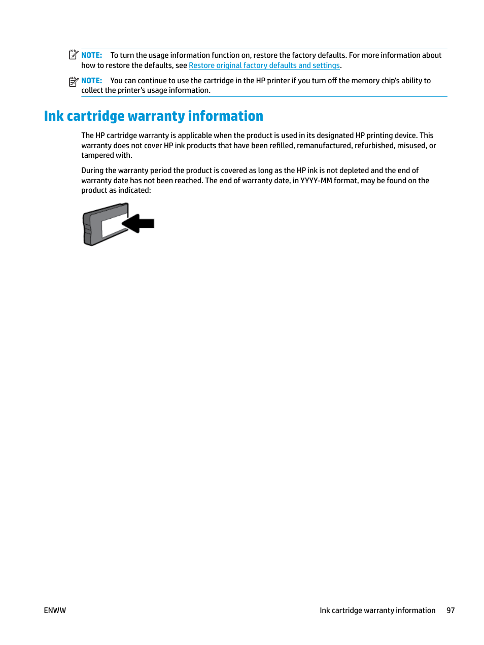 Ink cartridge warranty information | HP OfficeJet Pro 7740 User Manual | Page 110 / 180