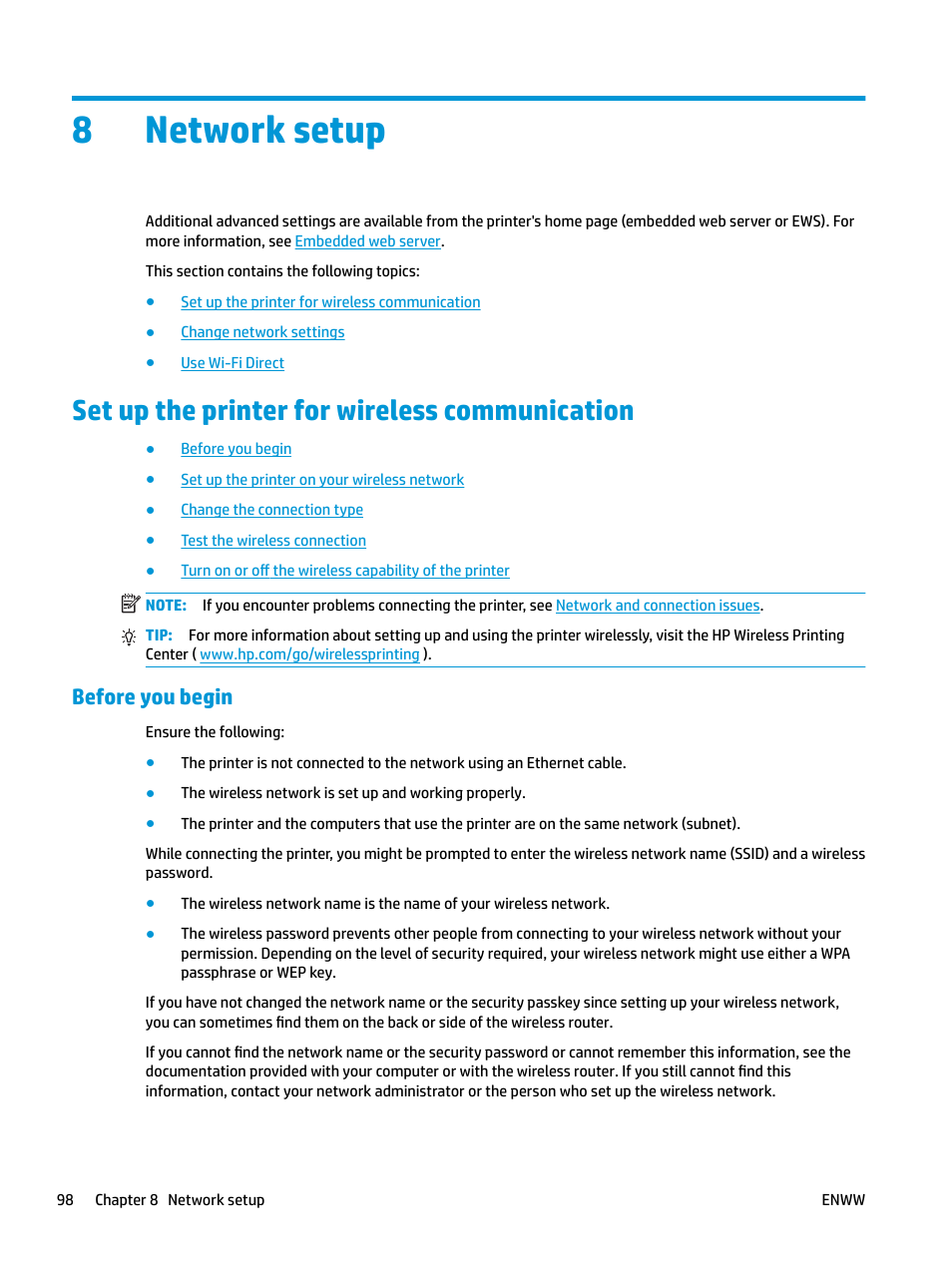 Network setup, Set up the printer for wireless communication, Before you begin | 8 network setup, Set up the printer for wireless, Communication, 8network setup | HP OfficeJet Pro 7740 User Manual | Page 111 / 180