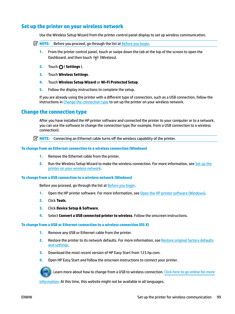 Set up the printer on your wireless network, Change the connection type | HP OfficeJet Pro 7740 User Manual | Page 112 / 180