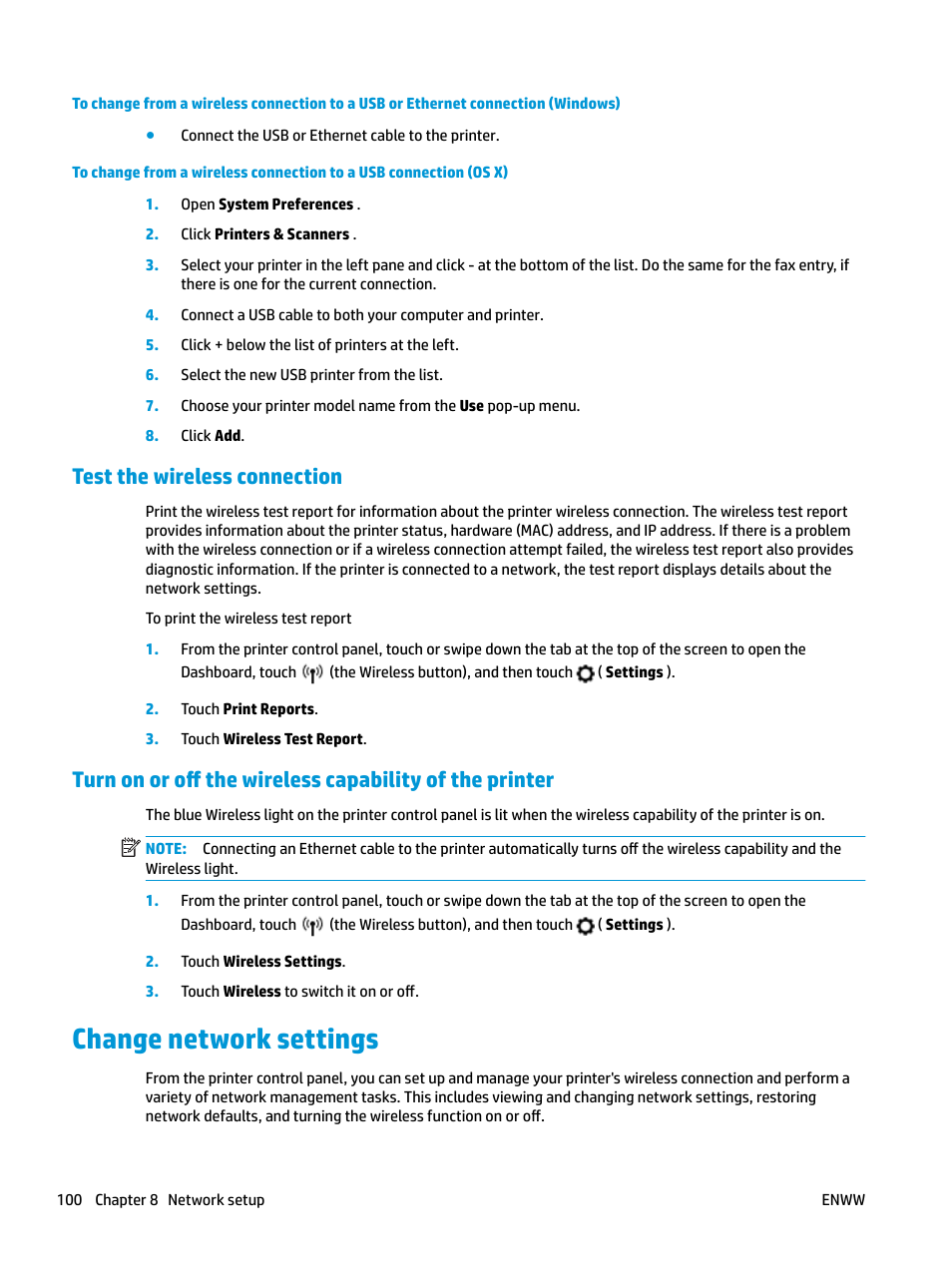 Test the wireless connection, Change network settings | HP OfficeJet Pro 7740 User Manual | Page 113 / 180