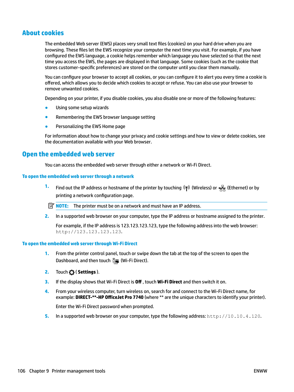 About cookies, Open the embedded web server | HP OfficeJet Pro 7740 User Manual | Page 119 / 180