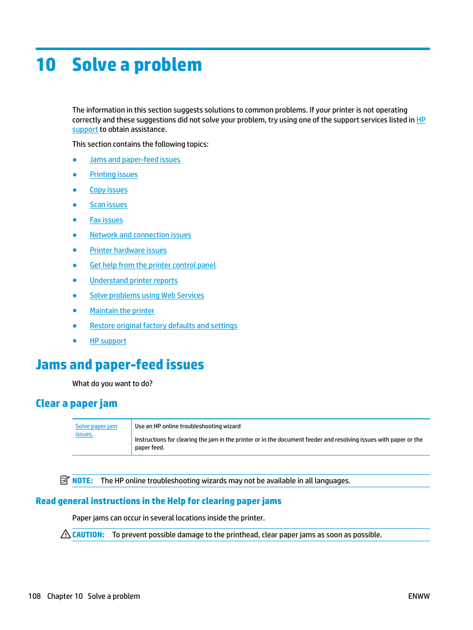 Solve a problem, Jams and paper-feed issues, Clear a paper jam | 10 solve a problem | HP OfficeJet Pro 7740 User Manual | Page 121 / 180