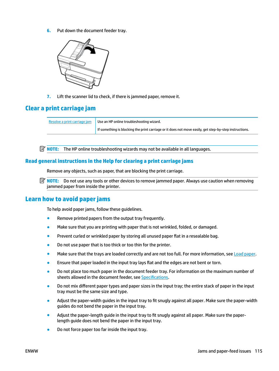 Clear a print carriage jam, Learn how to avoid paper jams | HP OfficeJet Pro 7740 User Manual | Page 128 / 180