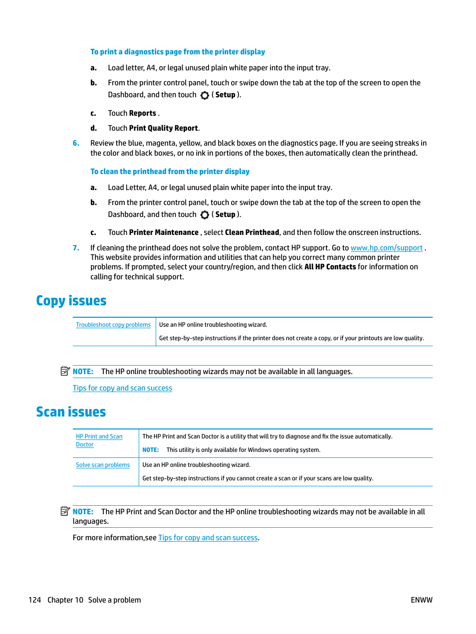 Copy issues, Scan issues, Copy issues scan issues | Ems scanning documents, see | HP OfficeJet Pro 7740 User Manual | Page 137 / 180