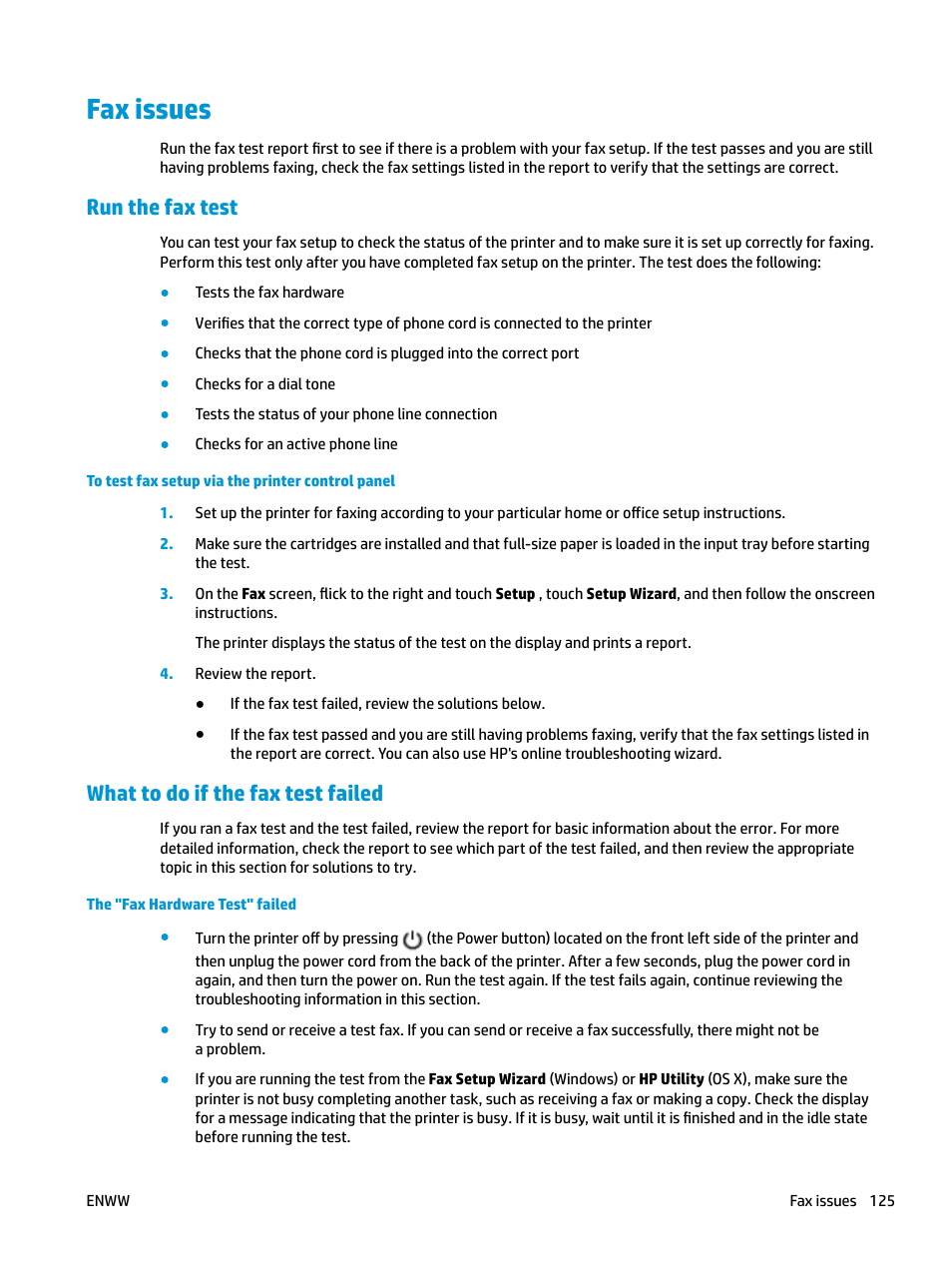 Fax issues, Run the fax test, What to do if the fax test failed | Run the fax test what to do if the fax test failed | HP OfficeJet Pro 7740 User Manual | Page 138 / 180