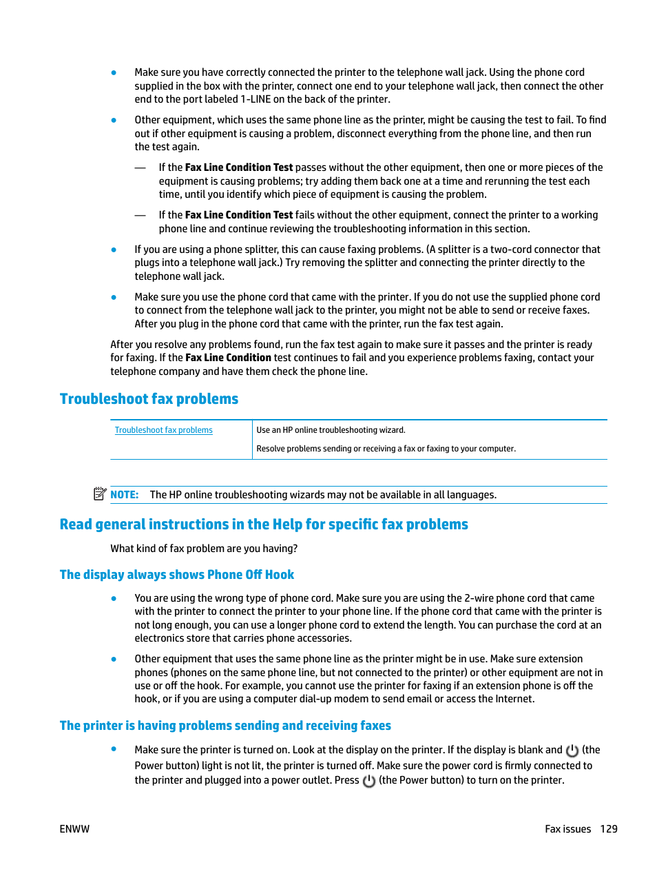 Troubleshoot fax problems, The display always shows phone off hook | HP OfficeJet Pro 7740 User Manual | Page 142 / 180