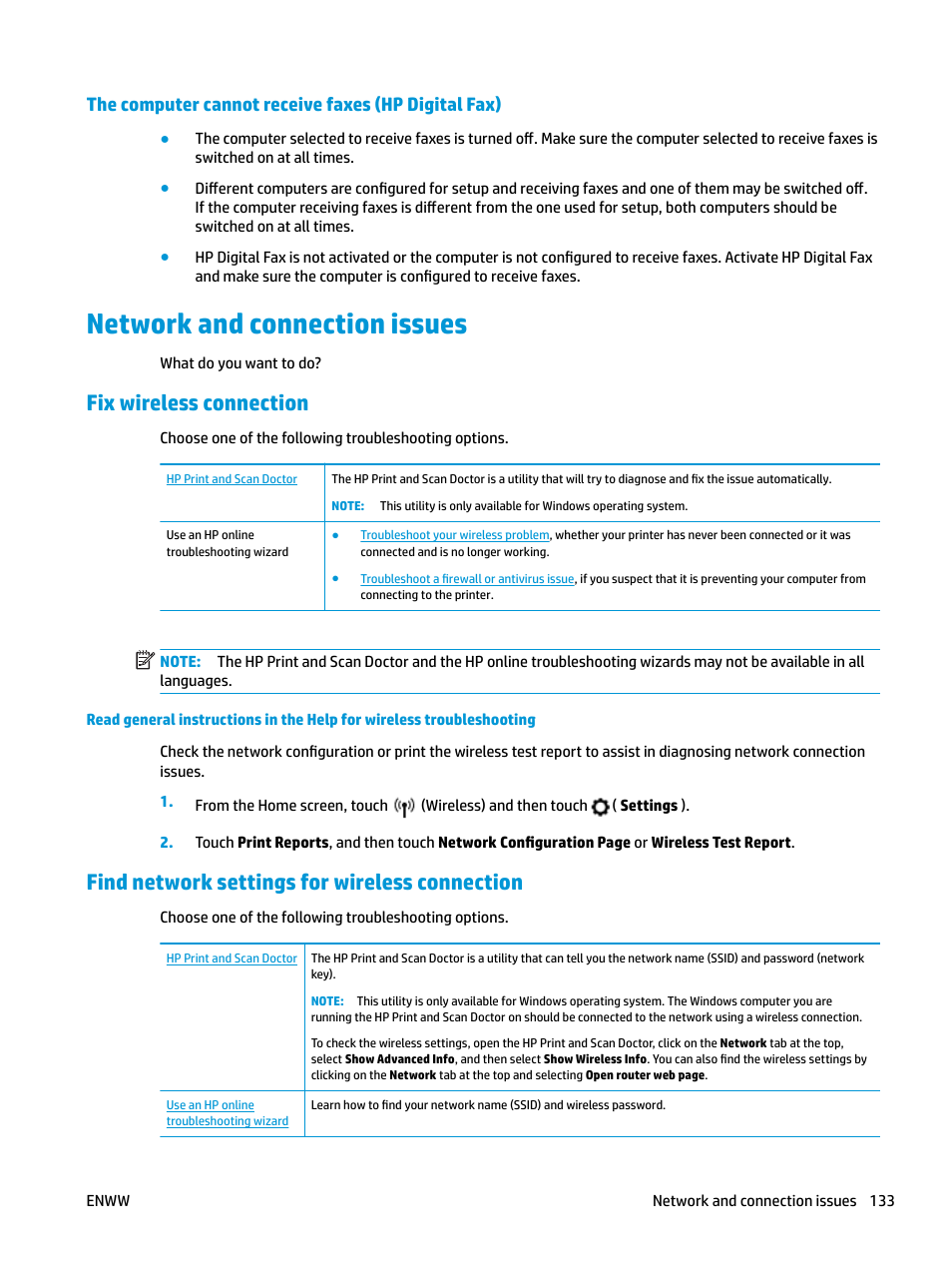 The computer cannot receive faxes (hp digital fax), Network and connection issues, Fix wireless connection | Find network settings for wireless connection | HP OfficeJet Pro 7740 User Manual | Page 146 / 180