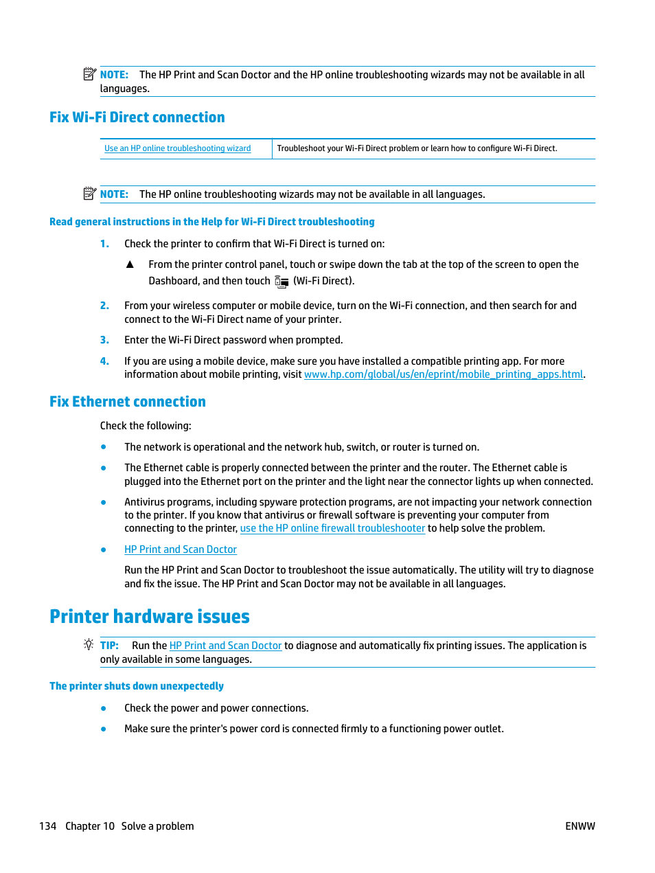 Fix wi-fi direct connection, Fix ethernet connection, Printer hardware issues | HP OfficeJet Pro 7740 User Manual | Page 147 / 180