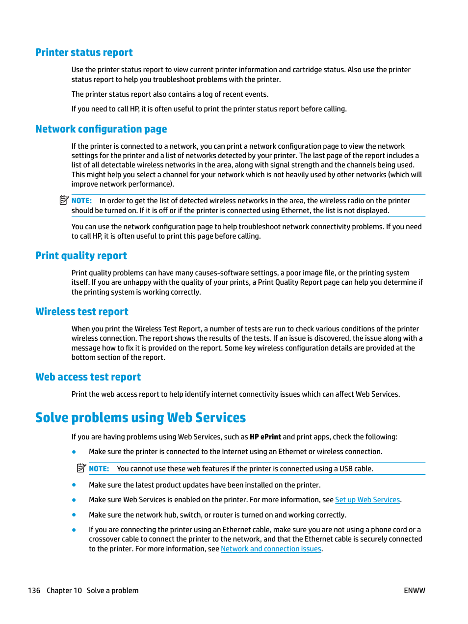 Printer status report, Print quality report, Wireless test report | Web access test report, Solve problems using web services, Network configuration page | HP OfficeJet Pro 7740 User Manual | Page 149 / 180