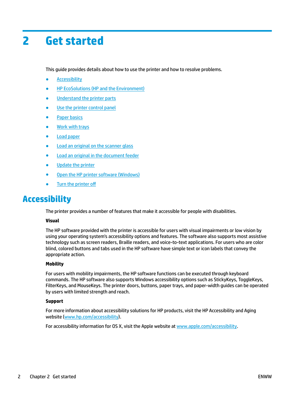 Get started, Accessibility, 2 get started | 2get started | HP OfficeJet Pro 7740 User Manual | Page 15 / 180