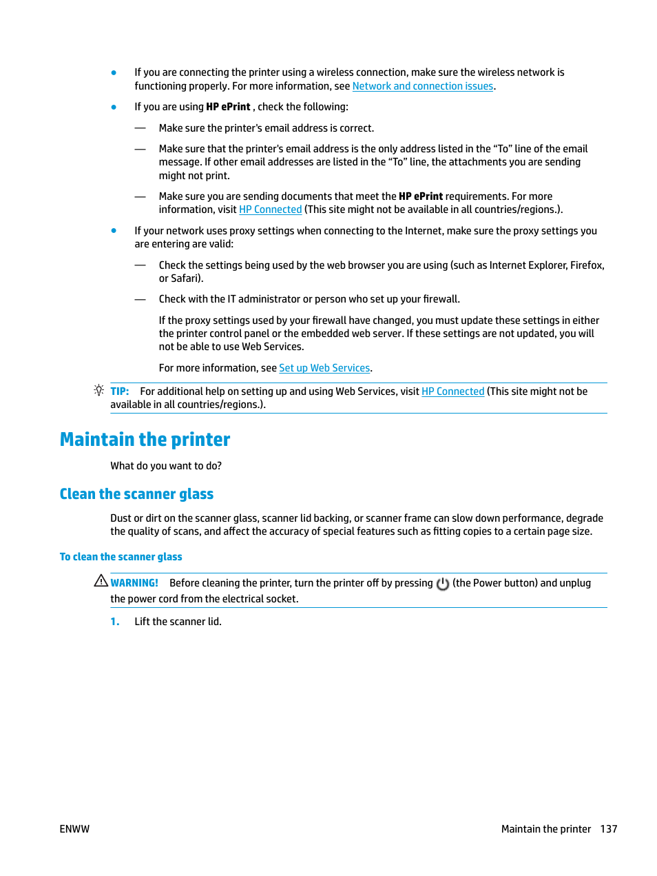 Maintain the printer, Clean the scanner glass | HP OfficeJet Pro 7740 User Manual | Page 150 / 180