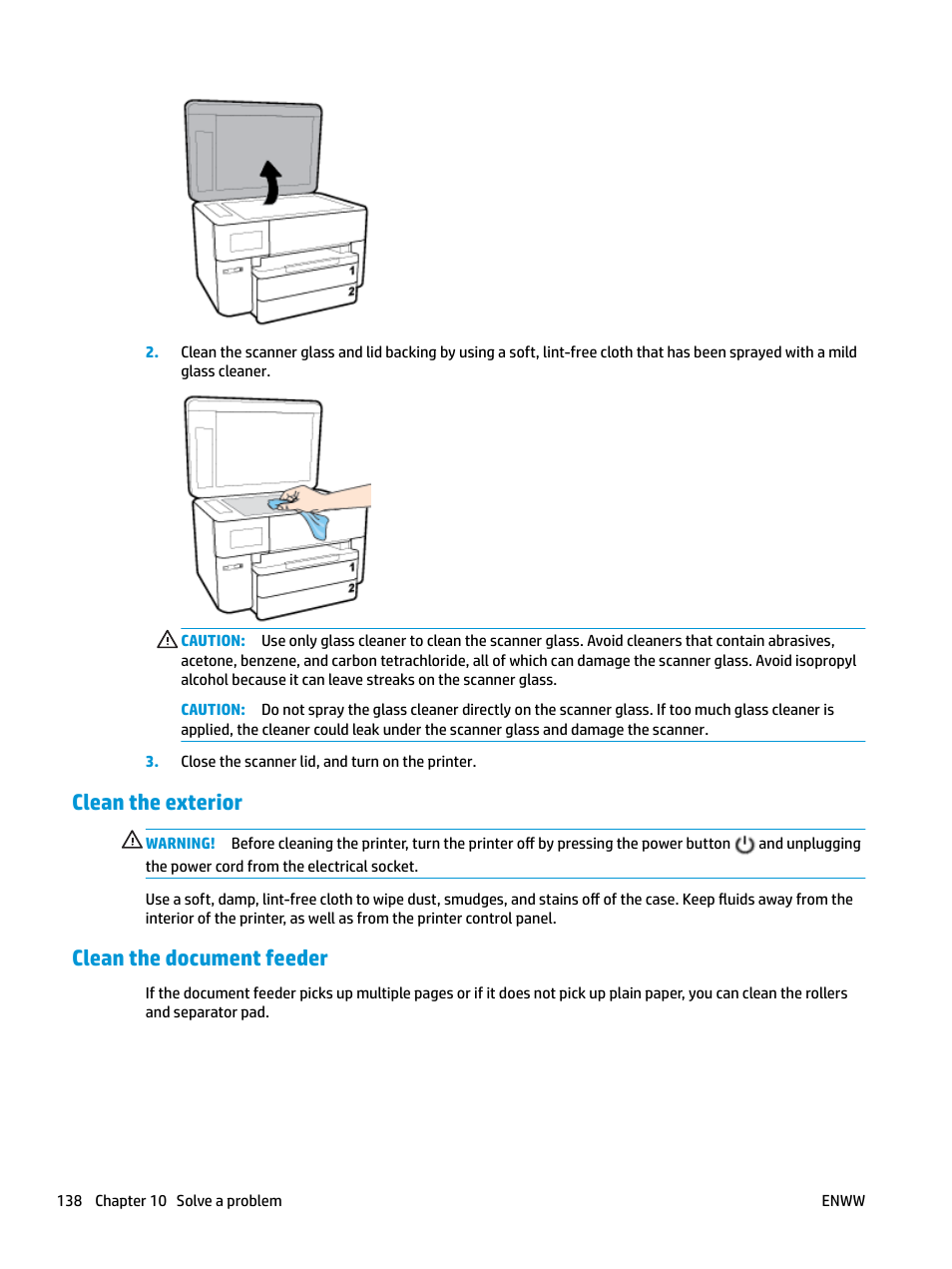 Clean the exterior, Clean the document feeder, Clean the exterior clean the document feeder | HP OfficeJet Pro 7740 User Manual | Page 151 / 180