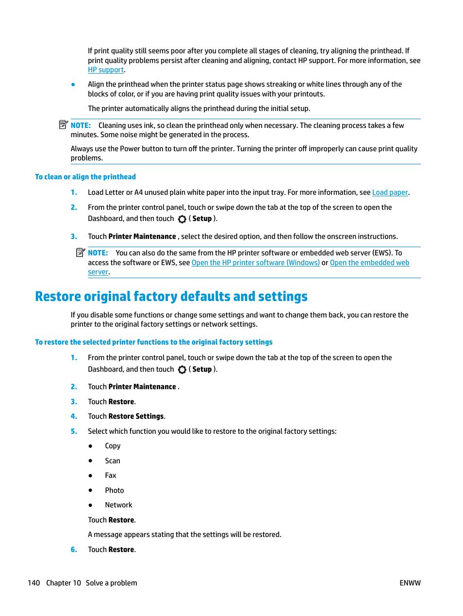 Restore original factory defaults and settings, Tion, see, Restore original factory defaults | And settings | HP OfficeJet Pro 7740 User Manual | Page 153 / 180