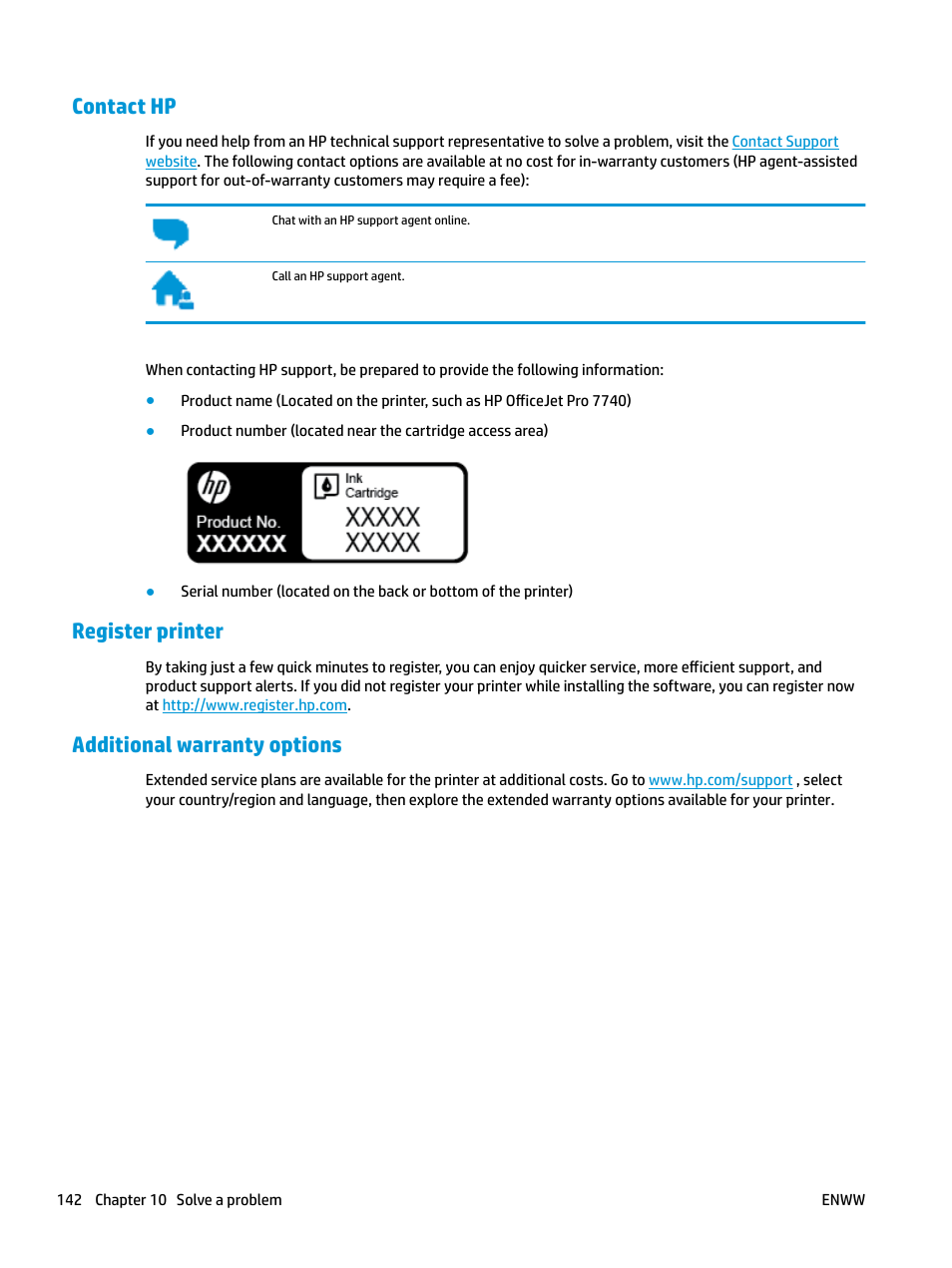 Contact hp, Register printer, Additional warranty options | HP OfficeJet Pro 7740 User Manual | Page 155 / 180