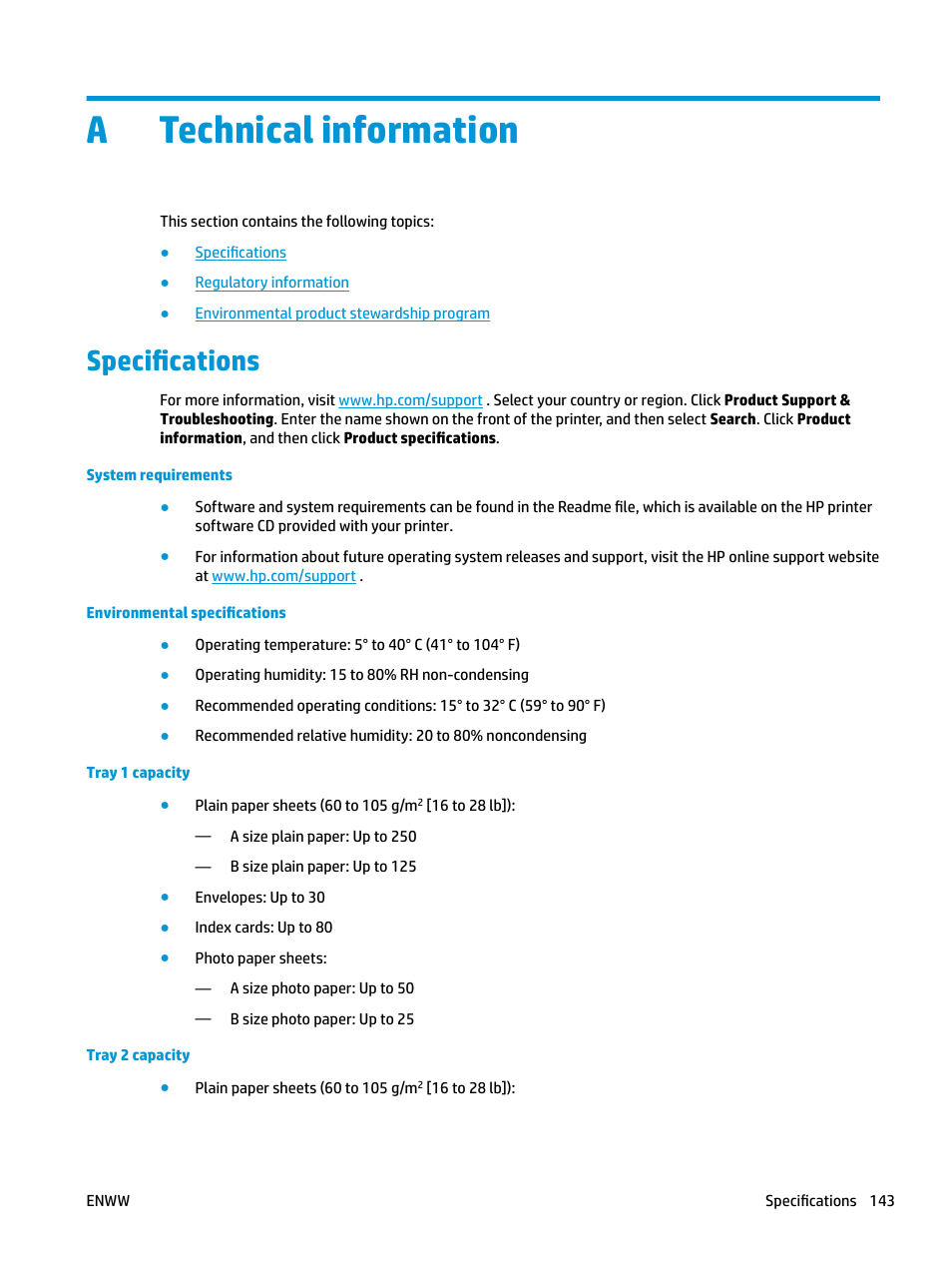 Technical information, Specifications, Appendix a technical information | Atechnical information | HP OfficeJet Pro 7740 User Manual | Page 156 / 180