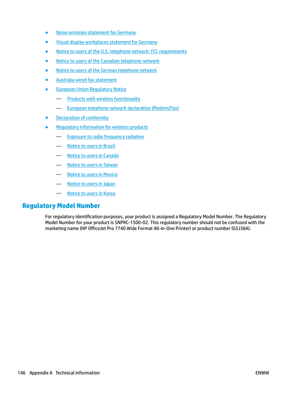 Regulatory model number | HP OfficeJet Pro 7740 User Manual | Page 159 / 180