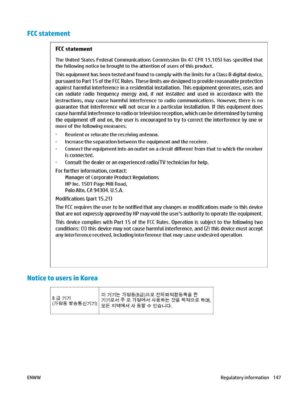 Fcc statement, Notice to users in korea, Fcc statement notice to users in korea | HP OfficeJet Pro 7740 User Manual | Page 160 / 180