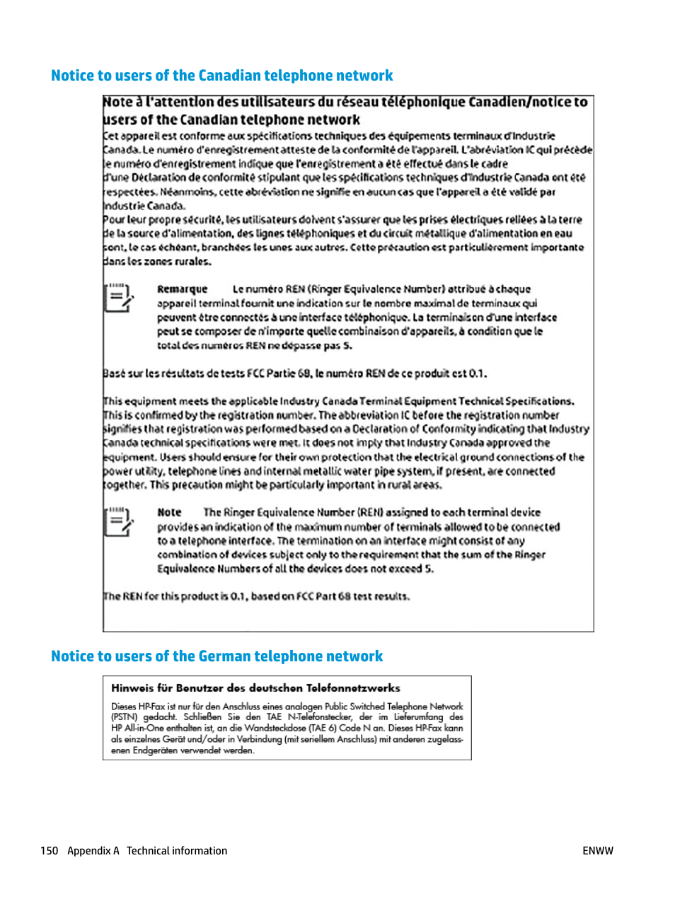 Notice to users of the canadian telephone network, Notice to users of the german telephone network | HP OfficeJet Pro 7740 User Manual | Page 163 / 180