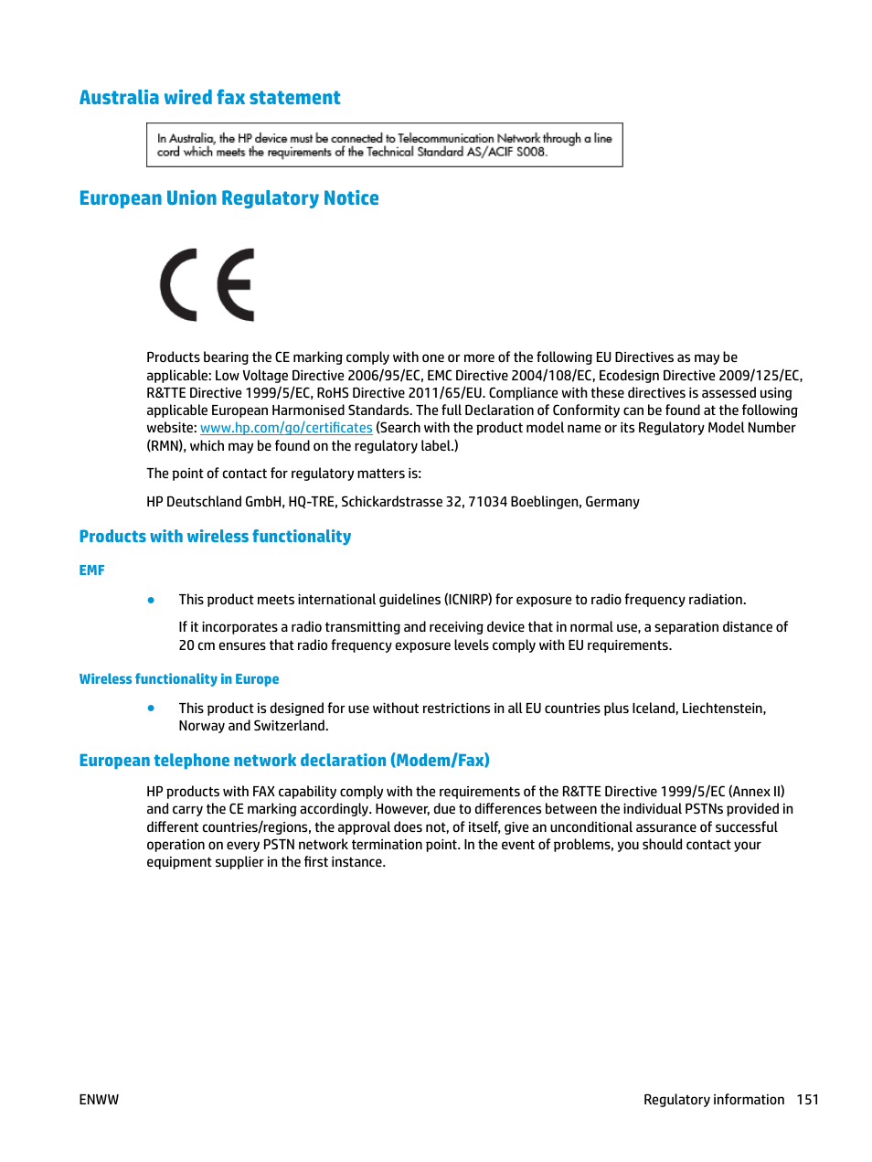 Australia wired fax statement, European union regulatory notice, Products with wireless functionality | European telephone network declaration (modem/fax) | HP OfficeJet Pro 7740 User Manual | Page 164 / 180