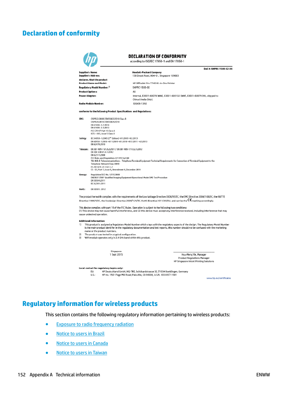 Declaration of conformity, Regulatory information for wireless products | HP OfficeJet Pro 7740 User Manual | Page 165 / 180