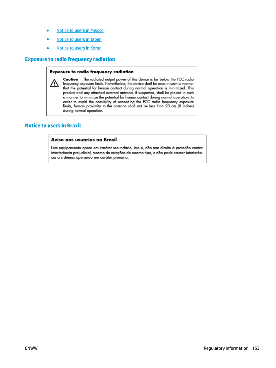 Exposure to radio frequency radiation, Notice to users in brazil | HP OfficeJet Pro 7740 User Manual | Page 166 / 180