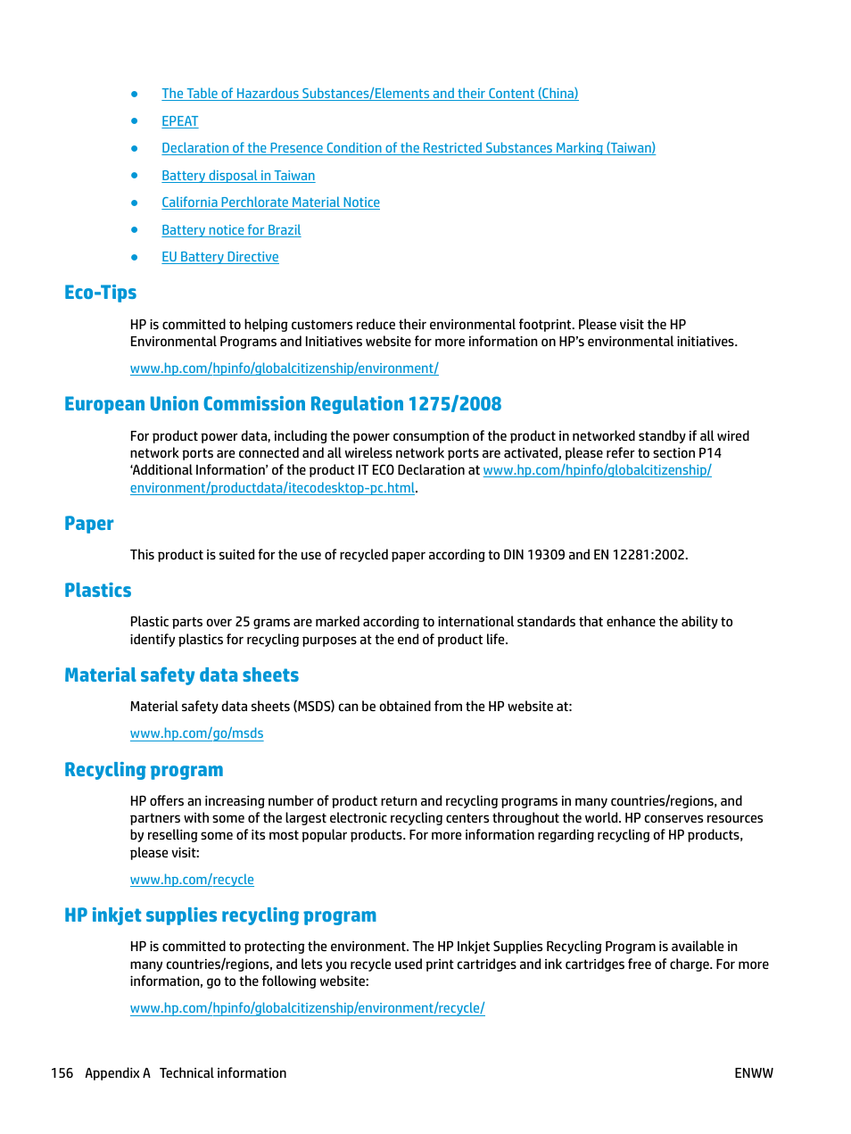 Eco-tips, European union commission regulation 1275/2008, Paper | Plastics, Material safety data sheets, Recycling program, Hp inkjet supplies recycling program | HP OfficeJet Pro 7740 User Manual | Page 169 / 180