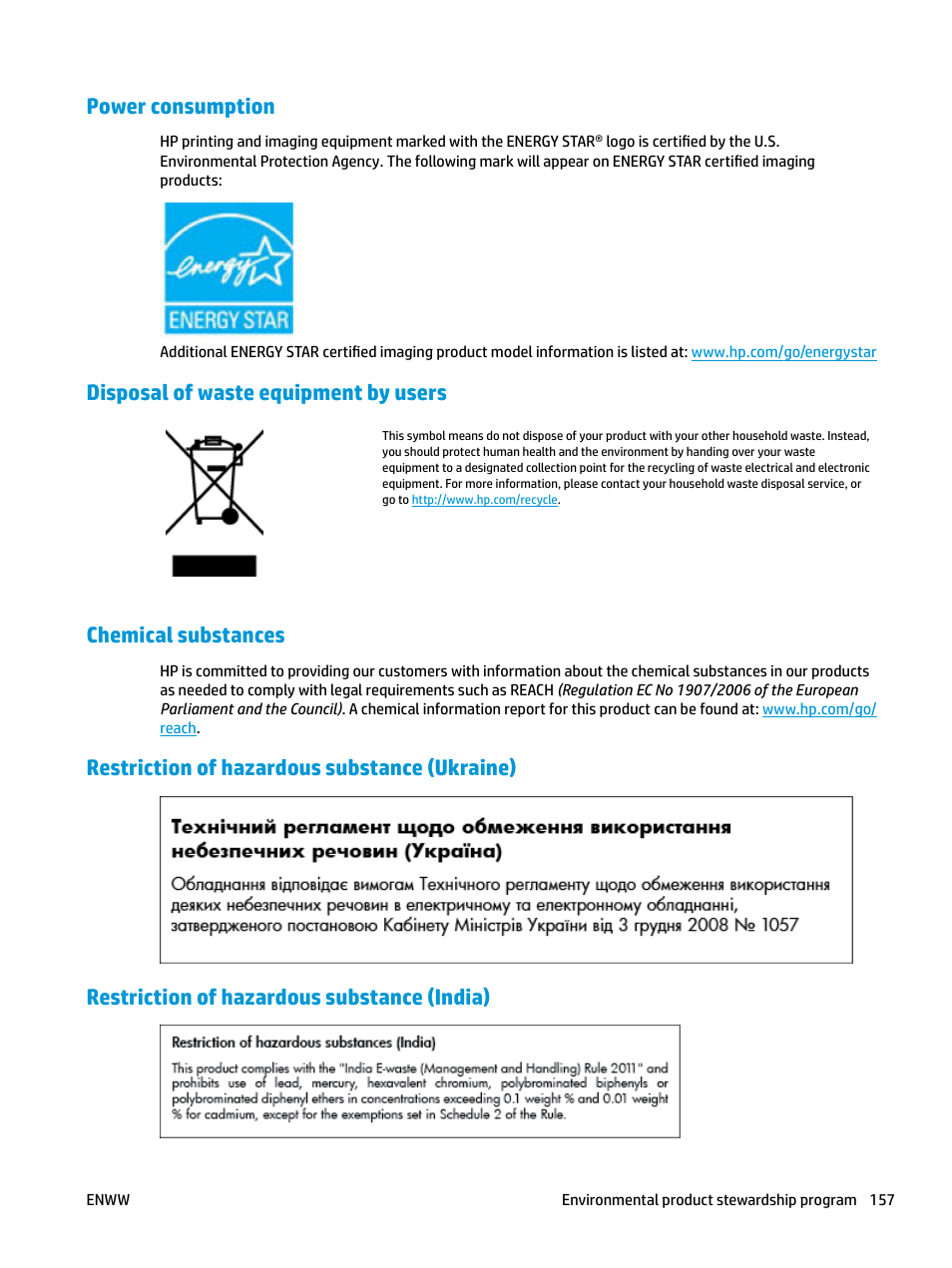 Power consumption, Disposal of waste equipment by users, Chemical substances | Restriction of hazardous substance (ukraine), Restriction of hazardous substance (india) | HP OfficeJet Pro 7740 User Manual | Page 170 / 180