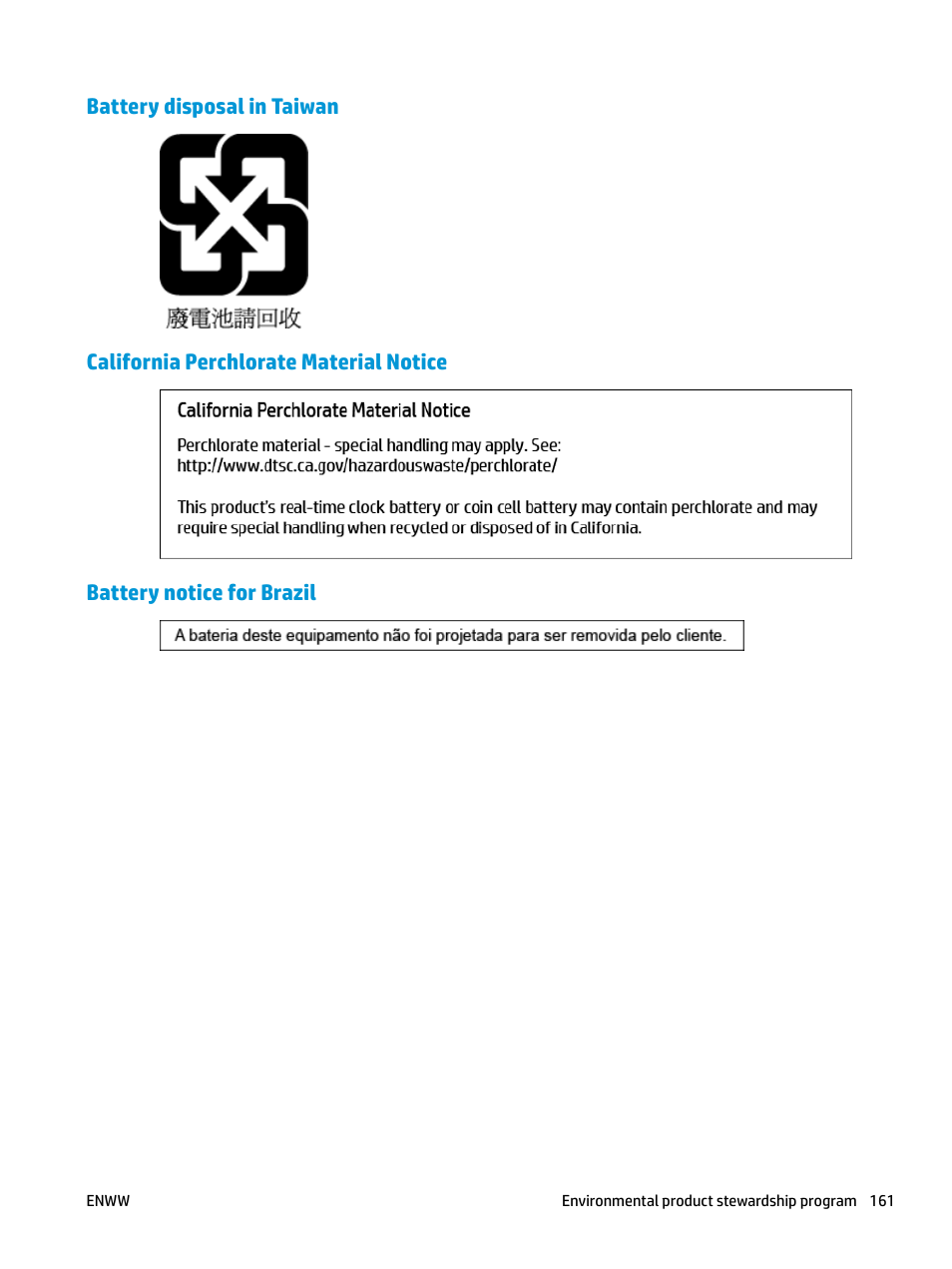 Battery disposal in taiwan, California perchlorate material notice, Battery notice for brazil | HP OfficeJet Pro 7740 User Manual | Page 174 / 180