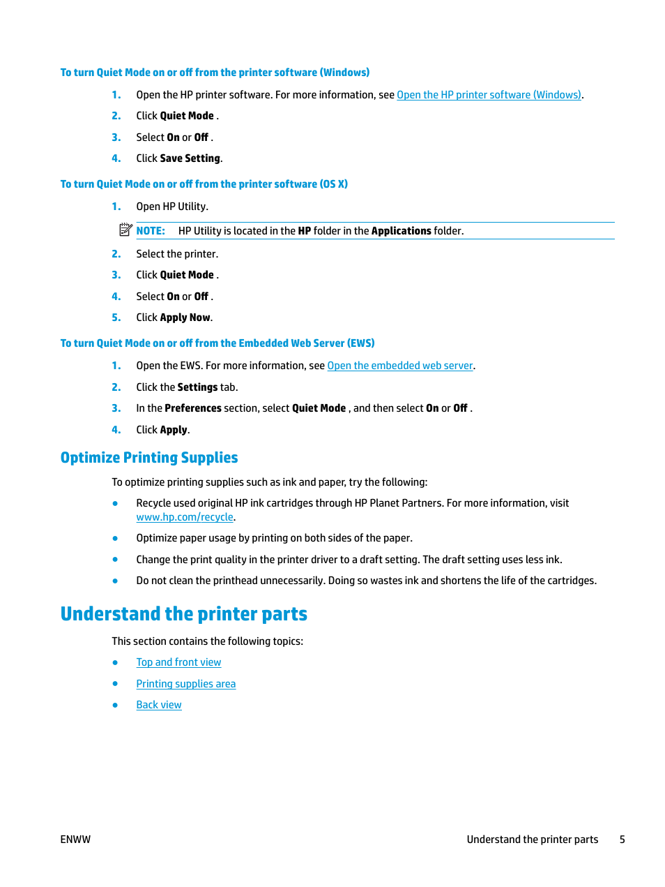 Optimize printing supplies, Understand the printer parts | HP OfficeJet Pro 7740 User Manual | Page 18 / 180