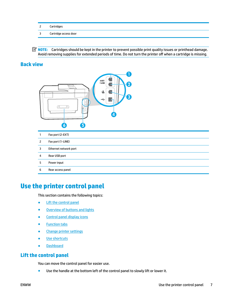 Back view, Use the printer control panel, Lift the control panel | HP OfficeJet Pro 7740 User Manual | Page 20 / 180