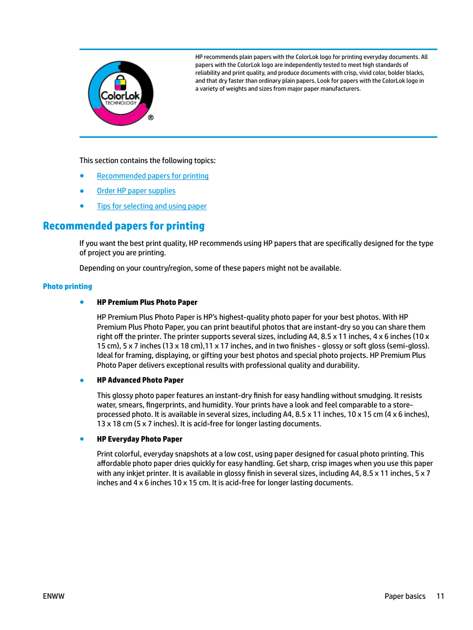 Recommended papers for printing | HP OfficeJet Pro 7740 User Manual | Page 24 / 180