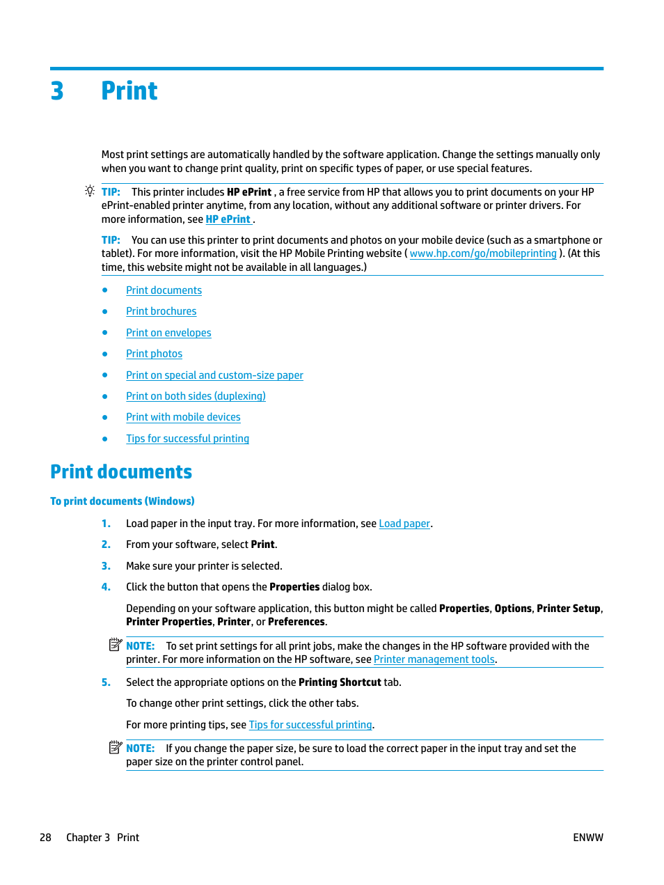Print, Print documents, 3 print | 3print | HP OfficeJet Pro 7740 User Manual | Page 41 / 180