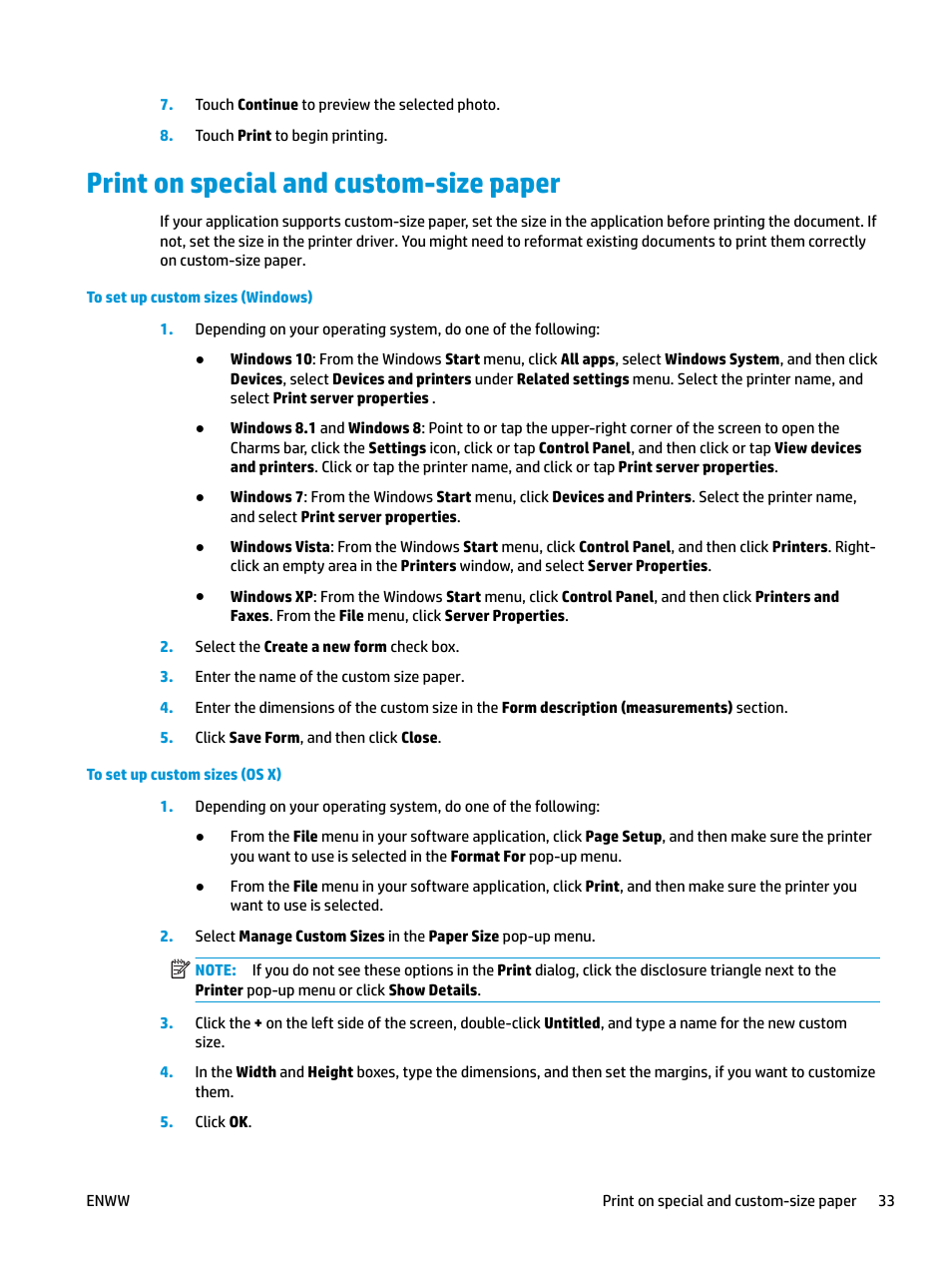 Print on special and custom-size paper | HP OfficeJet Pro 7740 User Manual | Page 46 / 180