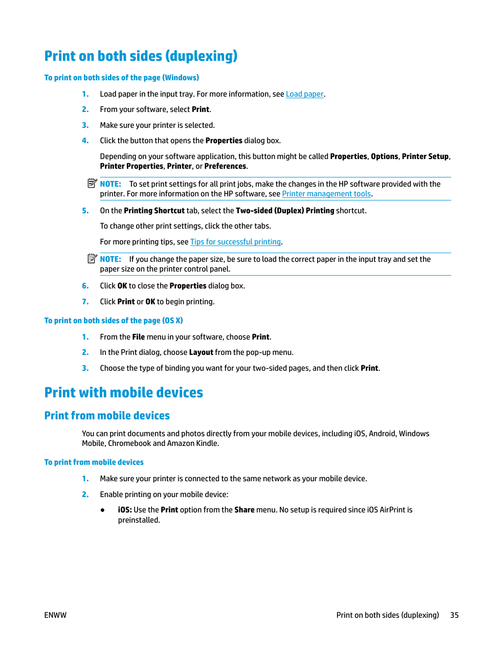 Print on both sides (duplexing), Print with mobile devices, Print from mobile devices | HP OfficeJet Pro 7740 User Manual | Page 48 / 180