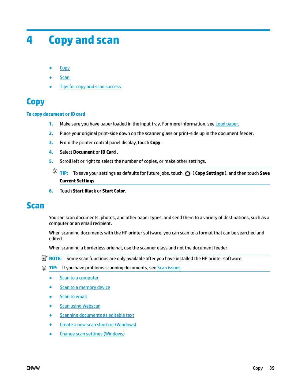 Copy and scan, Copy, Scan | 4 copy and scan, Copy scan, 4copy and scan | HP OfficeJet Pro 7740 User Manual | Page 52 / 180