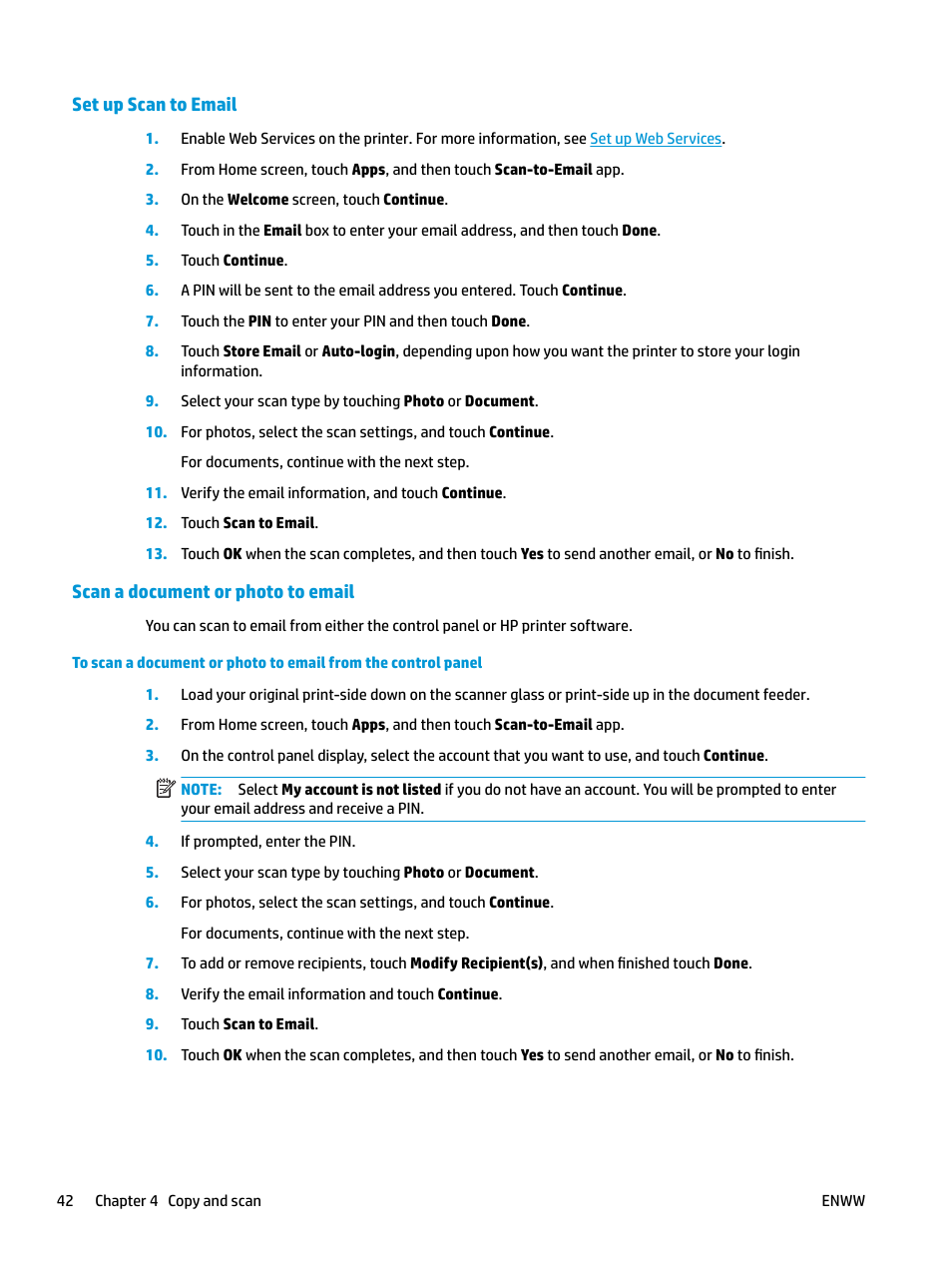 Set up scan to email, Scan a document or photo to email | HP OfficeJet Pro 7740 User Manual | Page 55 / 180