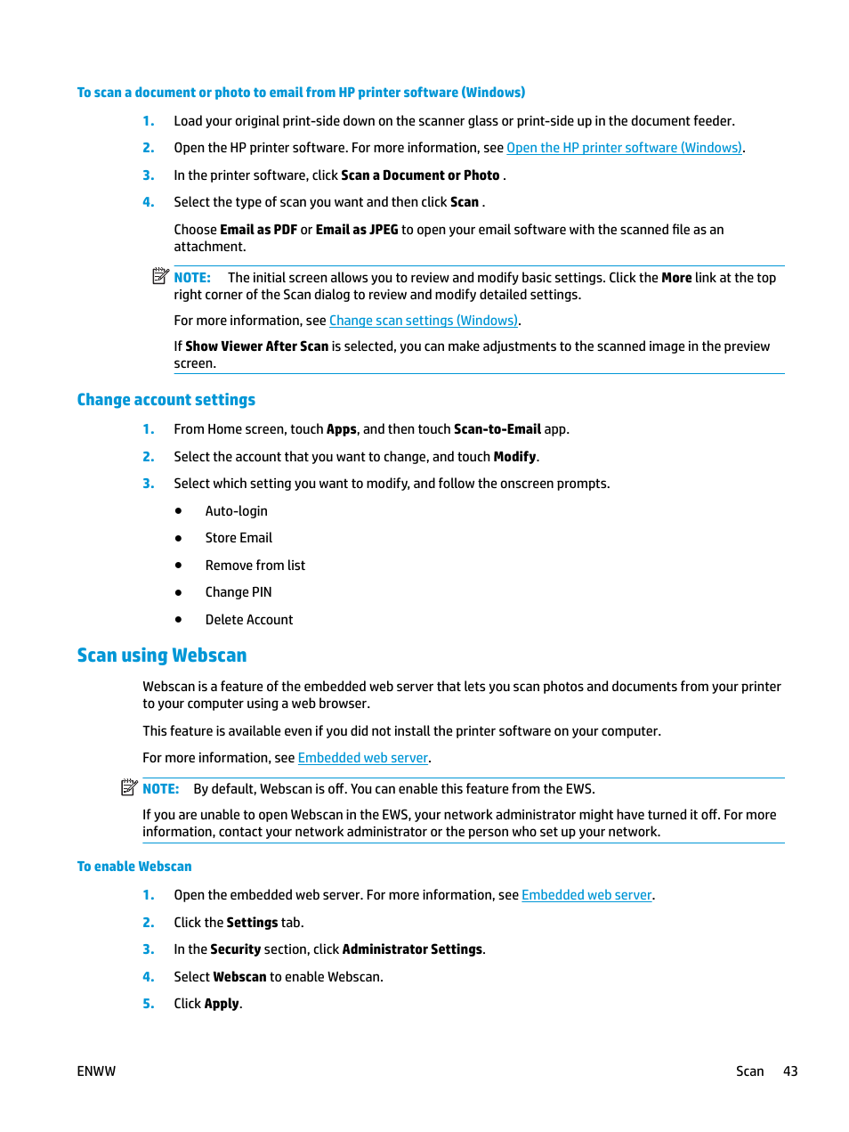 Change account settings, Scan using webscan | HP OfficeJet Pro 7740 User Manual | Page 56 / 180